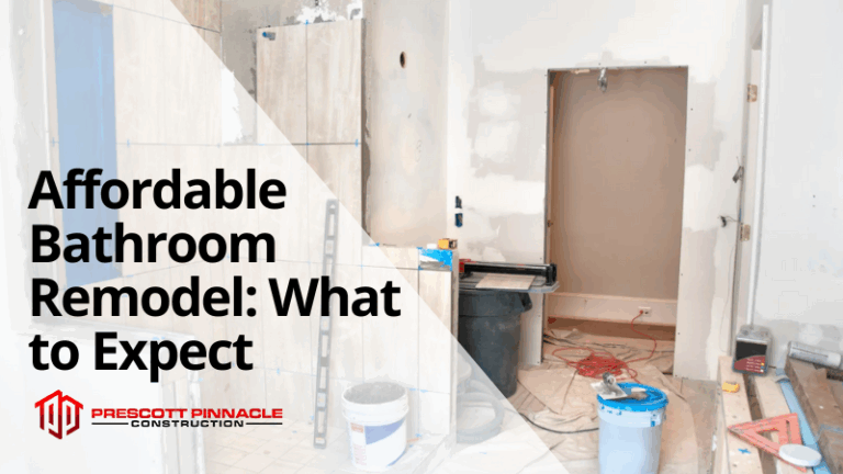 Blog header with title "Affordable Bathroom Remodels: What to Expect" in the foreground and a bathroom remodel in progress in the background