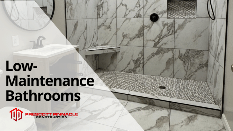 a low maintenance bathroom with custom tile, with "low maintenance bathrooms" and the PPC logo in the foreground