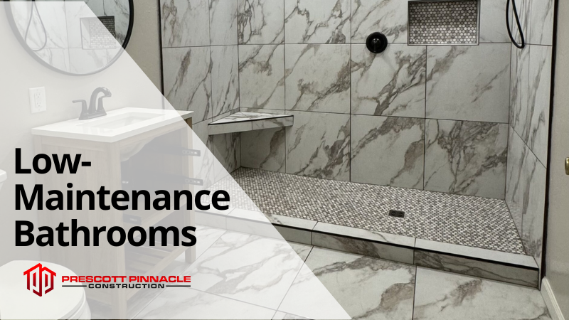 a low maintenance bathroom with custom tile, with "low maintenance bathrooms" and the PPC logo in the foreground
